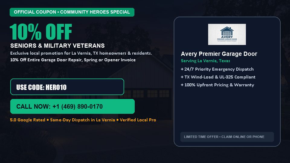 Avery Premier Garage Door 10% OFF Seniors & Military Veterans in La Vernia, TX